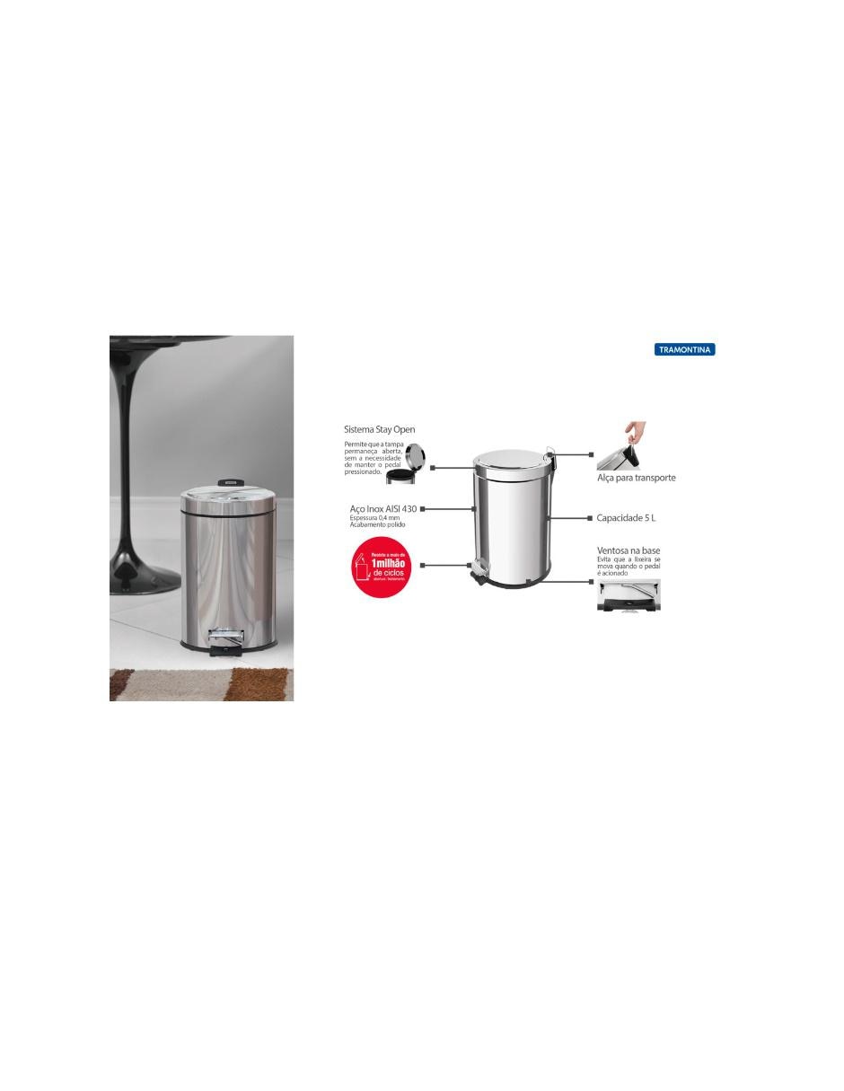 Bote de basura acero inoxidable c/pedal Tramontina 5 L