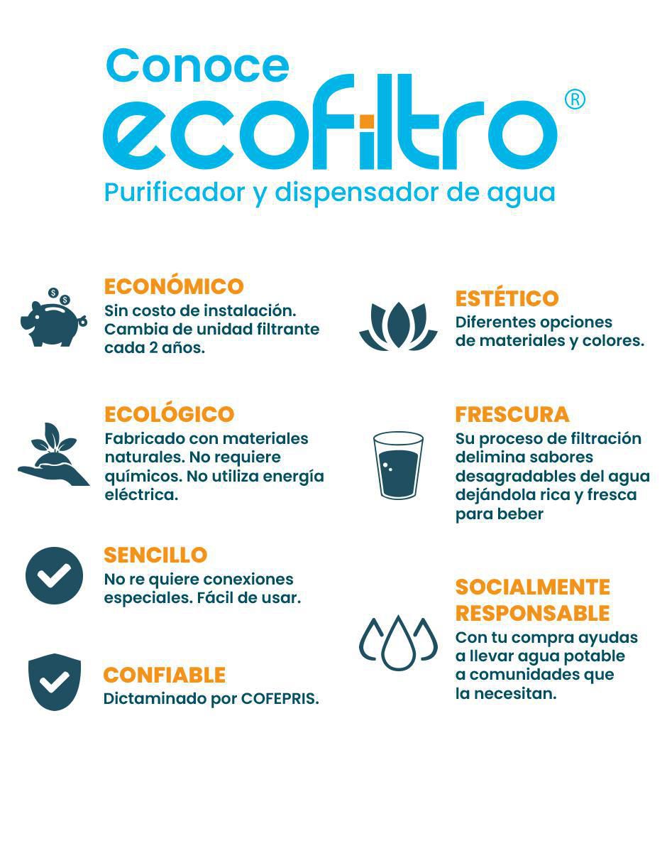 Purificador, dispensador y filtro de agua Ecofiltro cerámica 20L Ed tradic