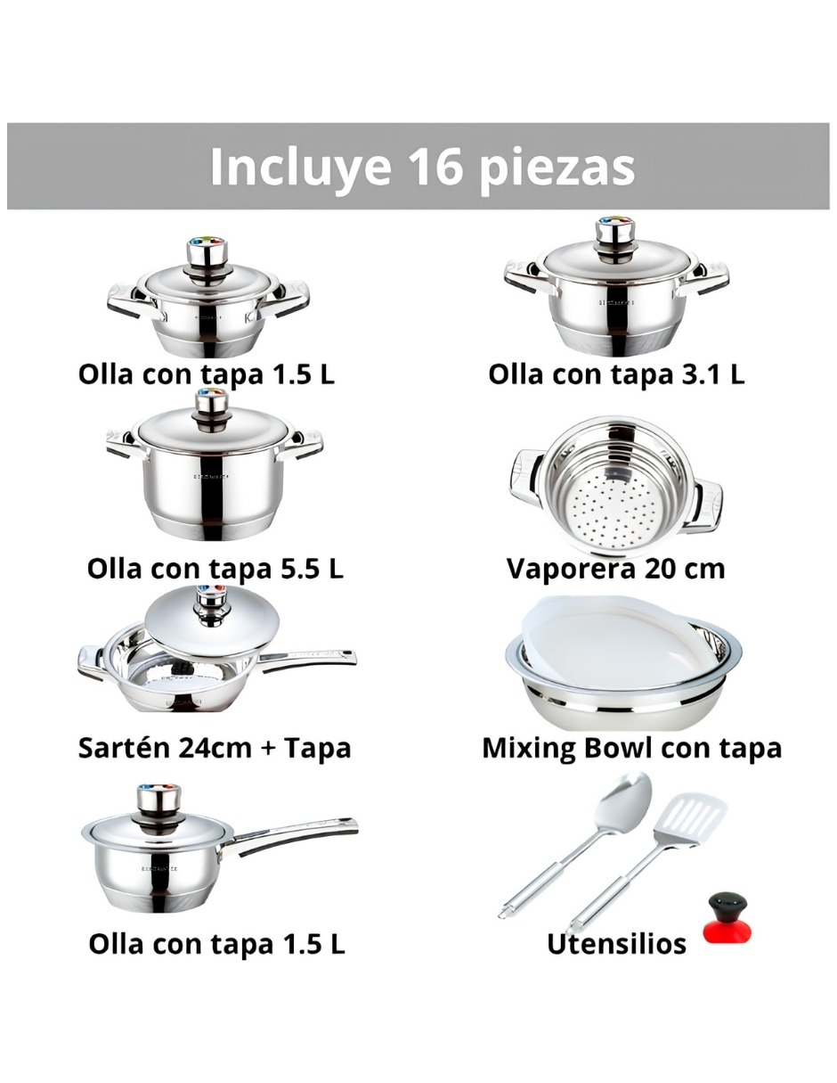Batería de cocina de acero inoxidable 16 piezas 13