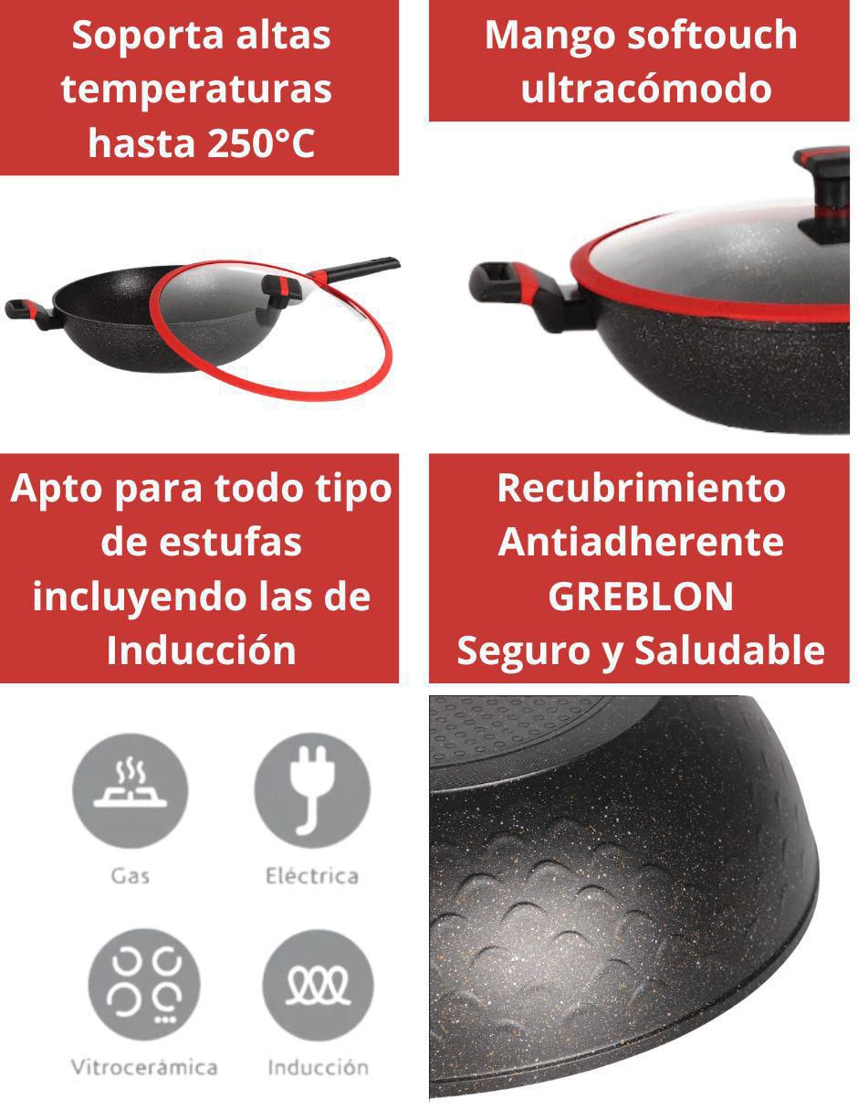 Sartén Wok con tapa Greblon de aluminio 2