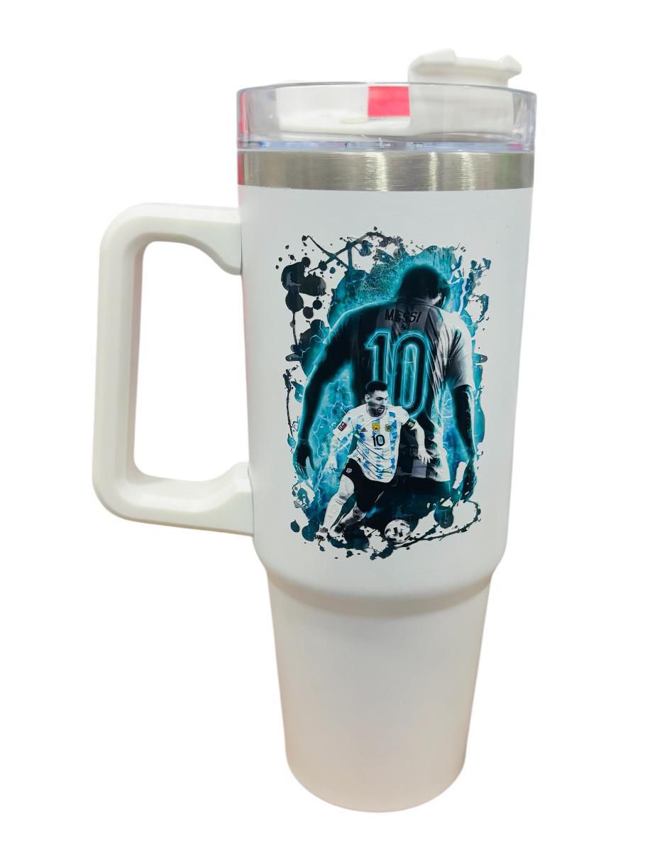 Termo de acero inoxidable Leonel Messi con tapa push pull 887 ml