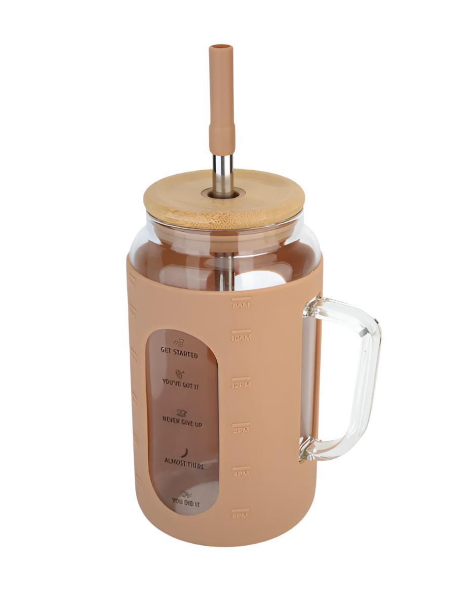 Set de vasos con tapa y popote de vidrio con 3 piezas Set de vasos con tapa y popote de vidrio con 3 piezas