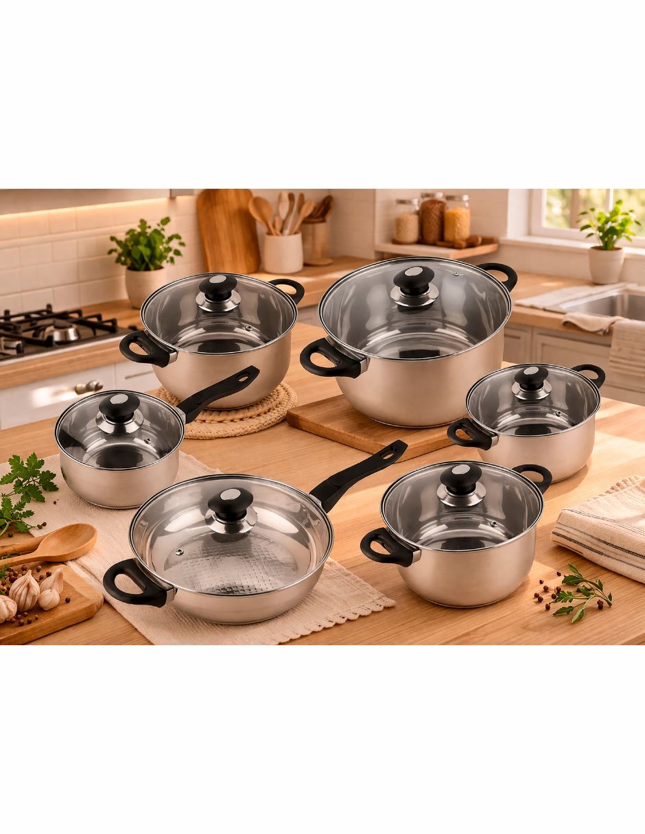 Batería de cocina monterrey plus de acero inoxidable antiadherente sin antiadherente 12 piezas 6