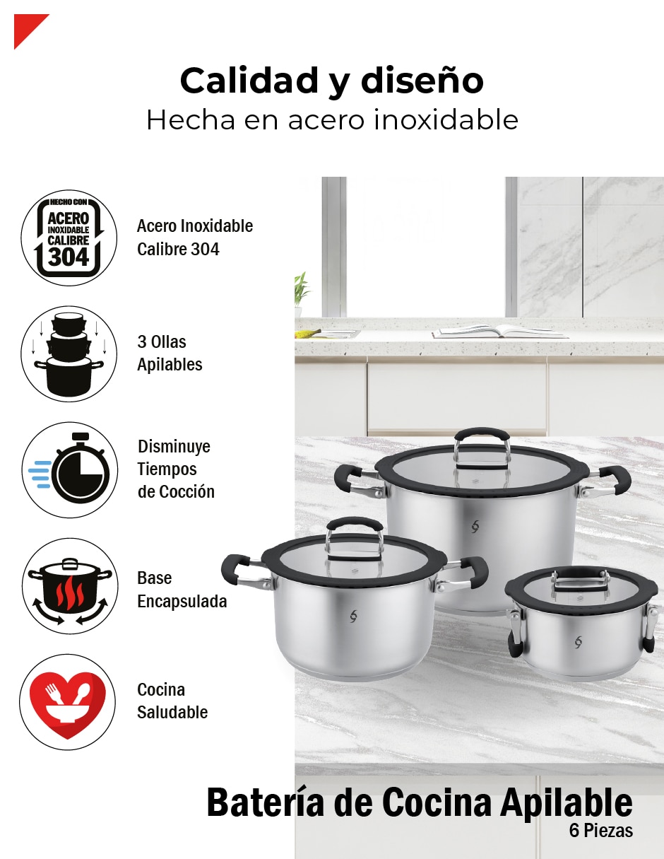 Batería de cocina bcps06ap de acero inoxidable antiadherente sin antiadherente 3 piezas 6