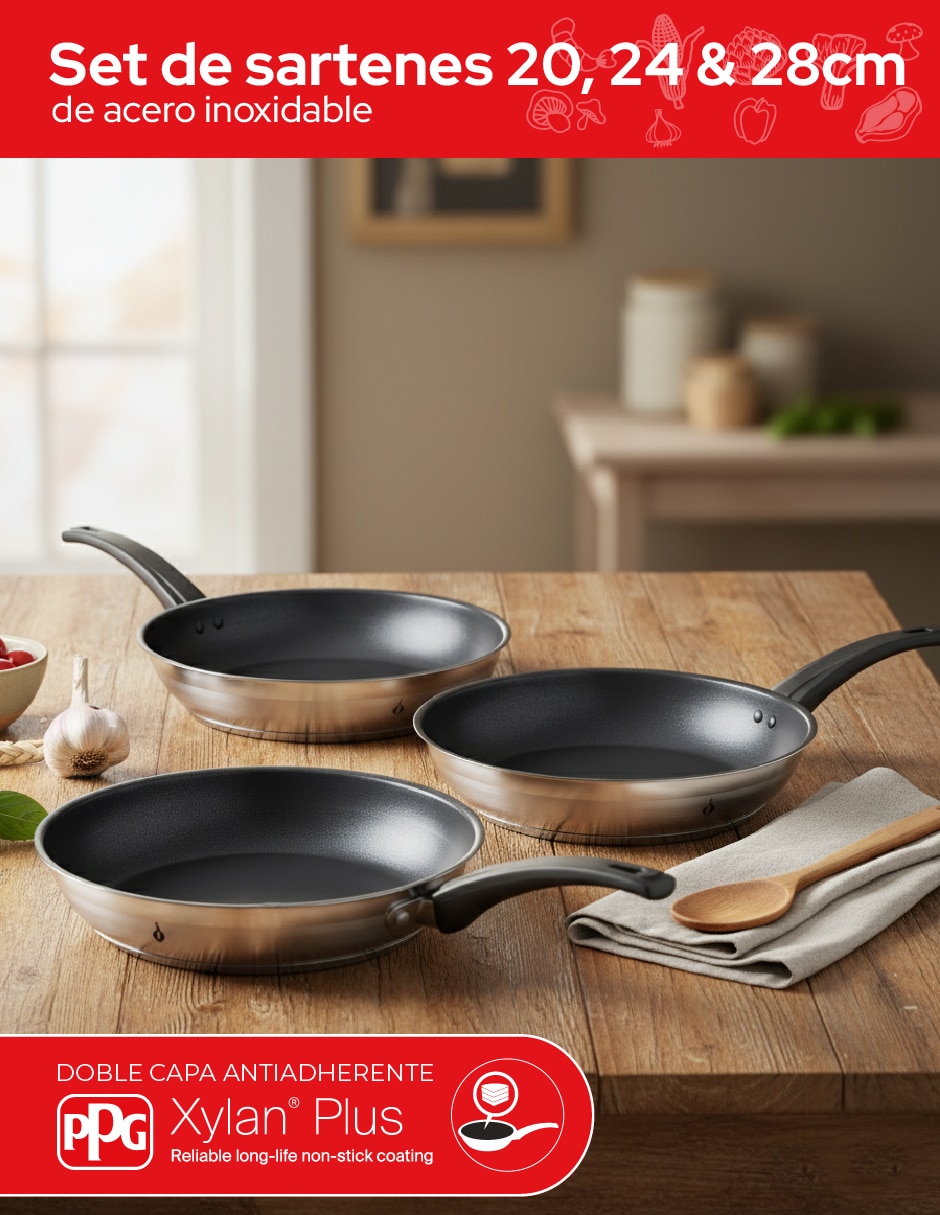 Set de sartenes de acero inoxidable 3 piezas 6