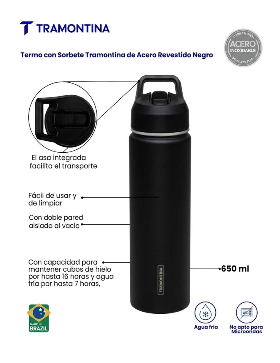 Botella con popote de Acero inoxidable con tapa Rosca 650 ml 6