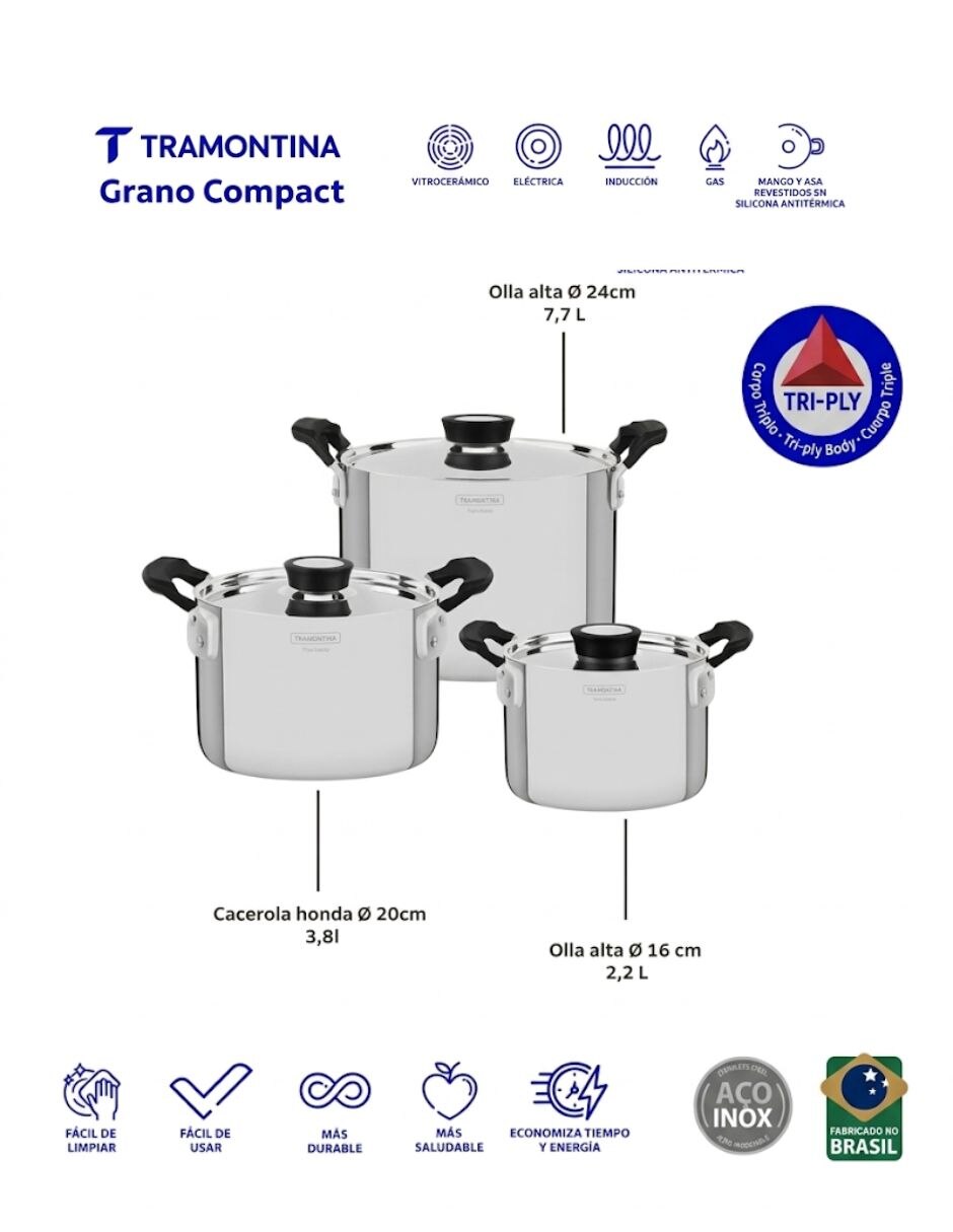 Batería de cocina de Acero inoxidable antiadherente Sin antiadherente 3 piezas piezas 8